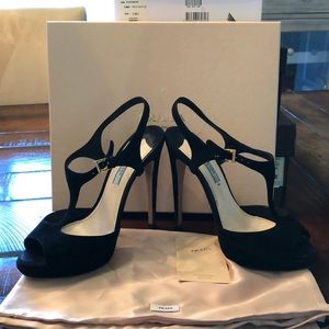 Prada, black suede, peep toe, sandal, pumps, 38